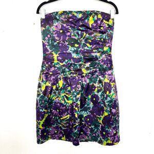 BCBGMaxAzria Strapless Dress Pleated Purple Green Blue Floral Pockets 10 mc